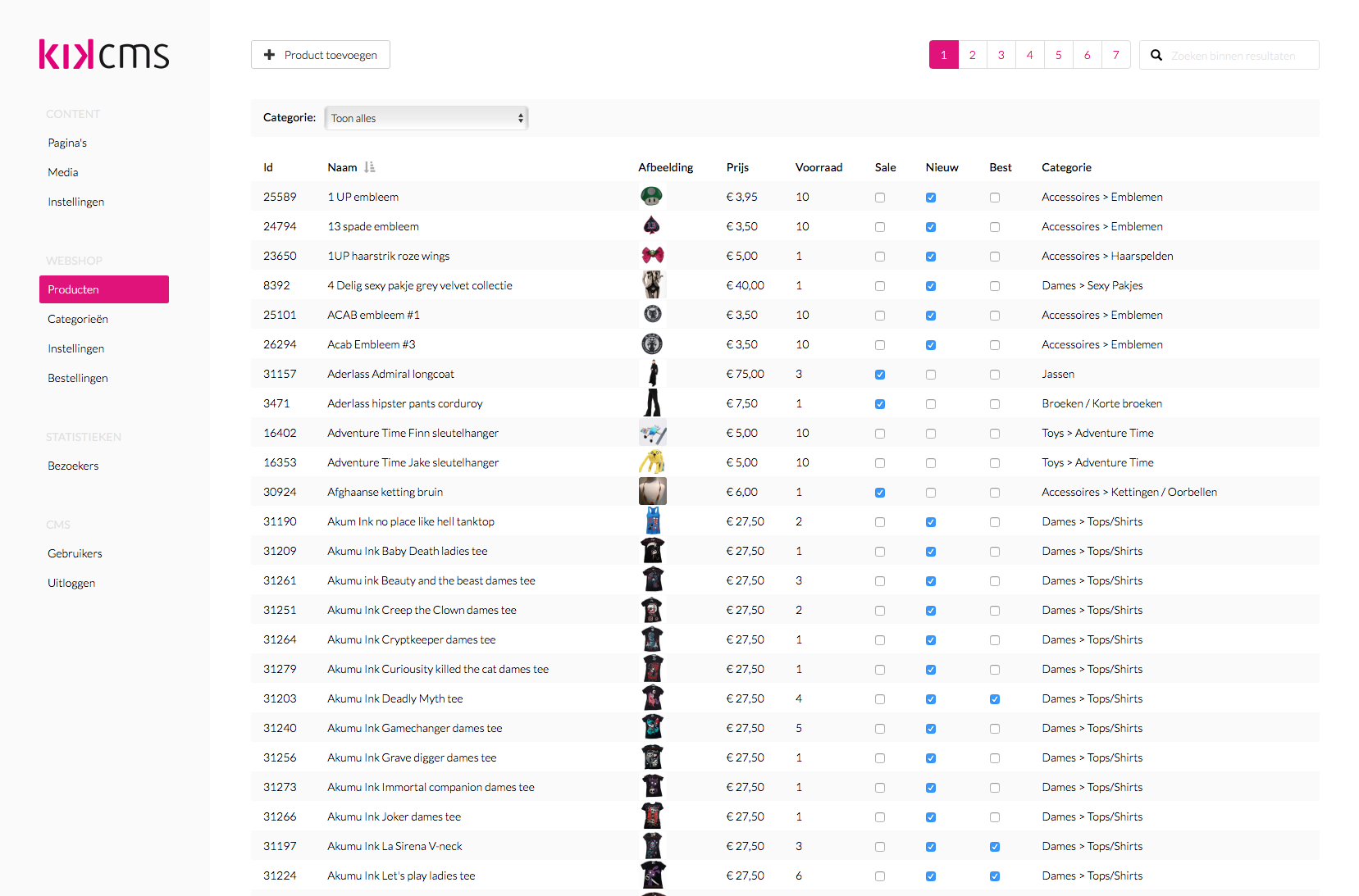 KikCMS product datatable